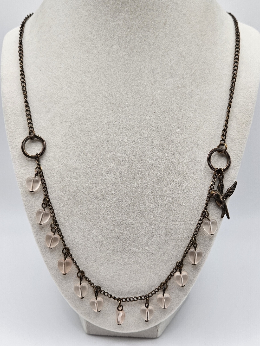 Unique Bronze Tone Bird and Pink Heart Beaded Charm Necklace
